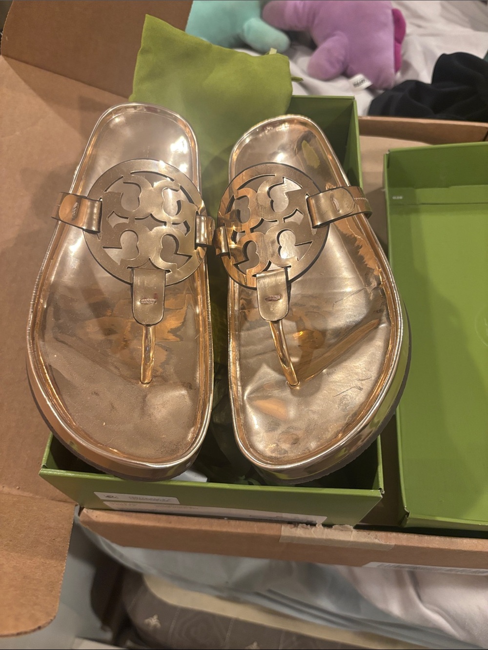 Tory Burch Metallic Rose Gold Logo Thong Sandals
